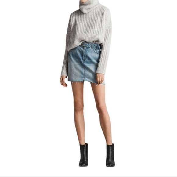 ALL SAINTS denim skirt bette‎ buckle raw hem belted mini 6 - Picture 1 of 10